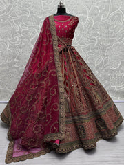 Lovely Rani Pink Embroidered Velvet Lehenga Choli With Double Dupatta