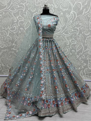 Wonderful Sky-Blue Sequins Net Engagement Wear Lehenga Choli