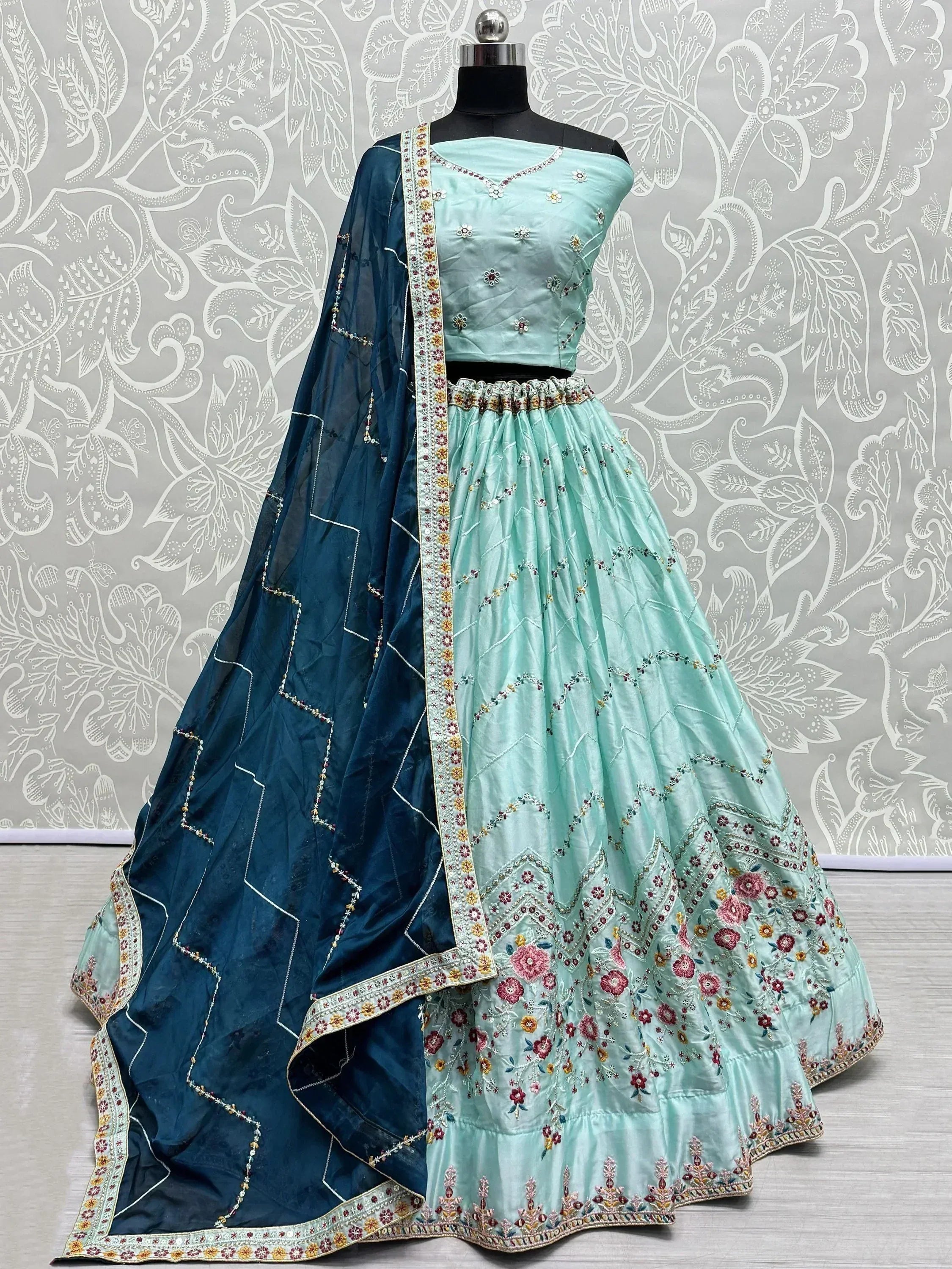 Mint green embroidered lehenga choli with navy dupatta, Indian ethnic wear for weddings and parties