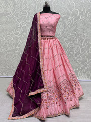 Charming Pink Thread-Work Silk Wedding Lehenga Choli With Dupatta