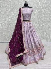 Mesmerizing Lavender Thread-Work Silk Bridesmaid Lehenga Choli