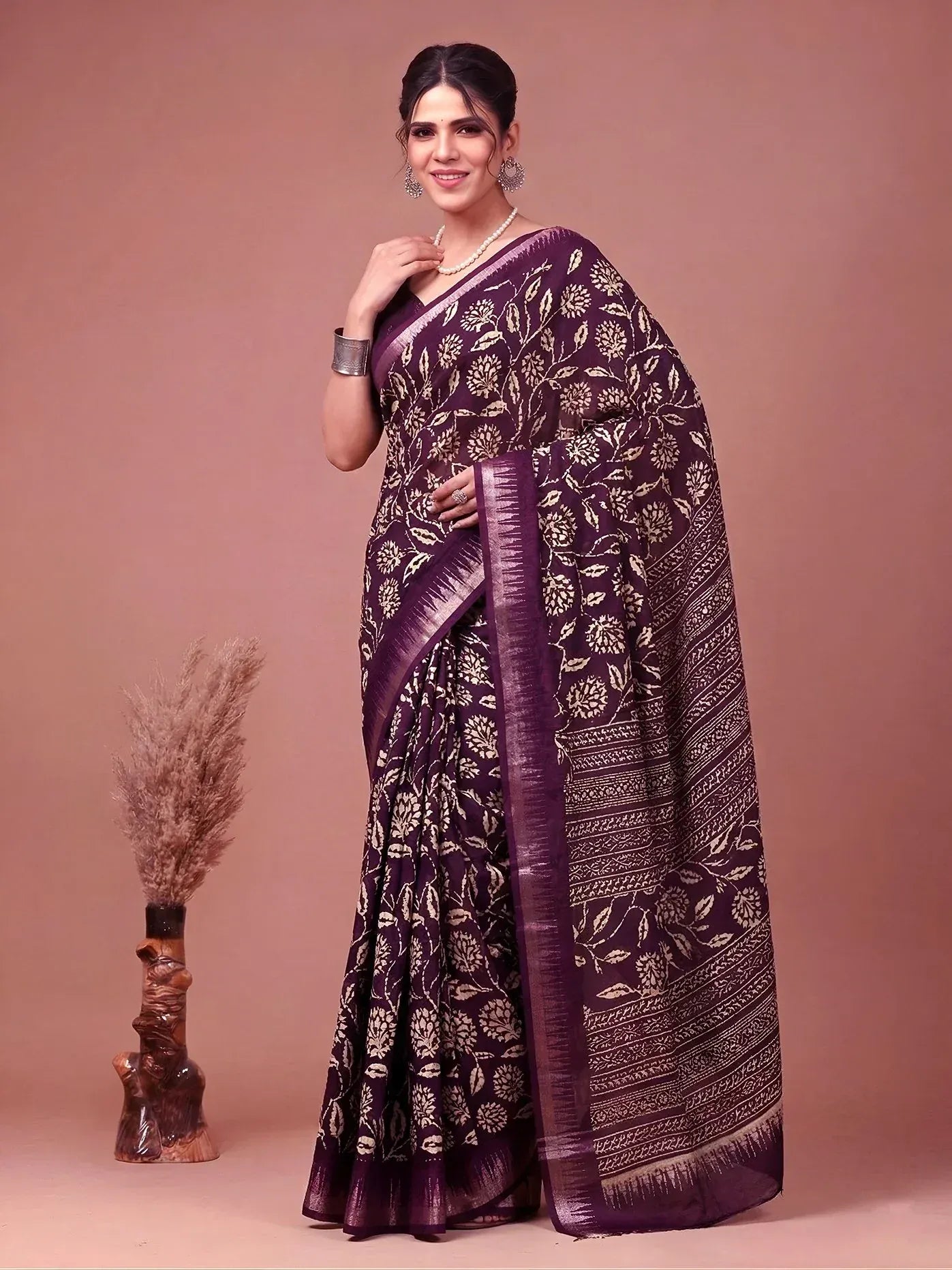 Majestic Wine Floral Printed Silk Casual Wear Saree With Blouse