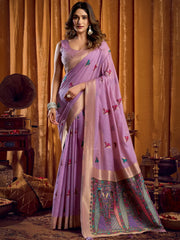 Stylish Lavender Zari Weaving Khadi Festive Wear Saree With Blouse
