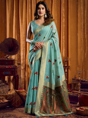 Pretty Sea Green Zari Weaving Khadi Festive Wear Saree With Blouse
