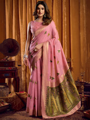 Attractive Pink Zari Weaving Khadi Function Wear Saree With Blouse