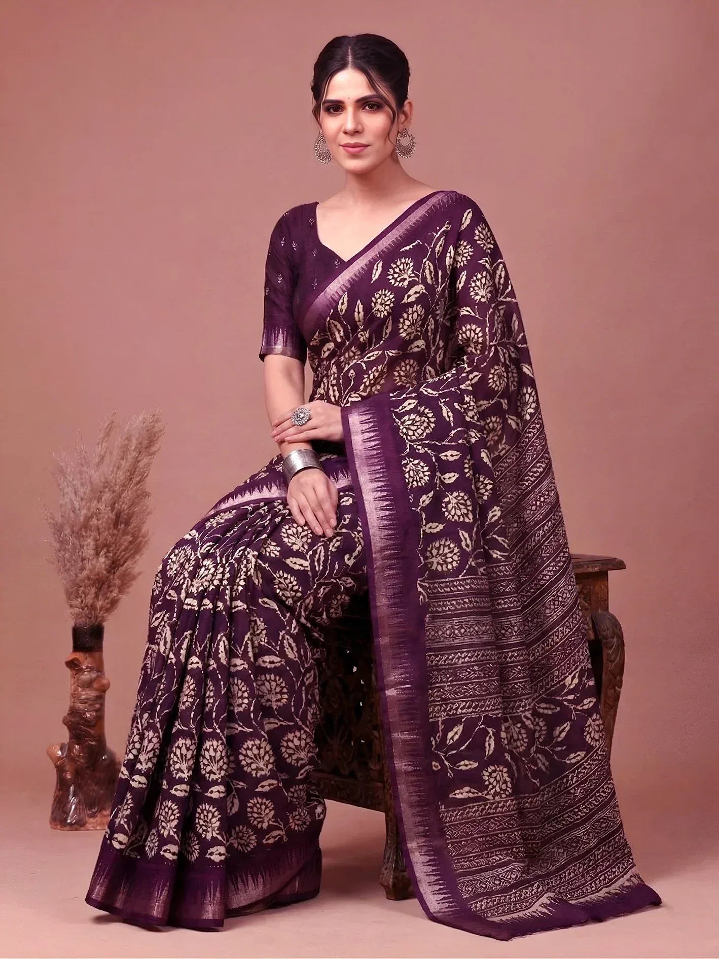 Majestic Wine Floral Printed Silk Casual Wear Saree With Blouse