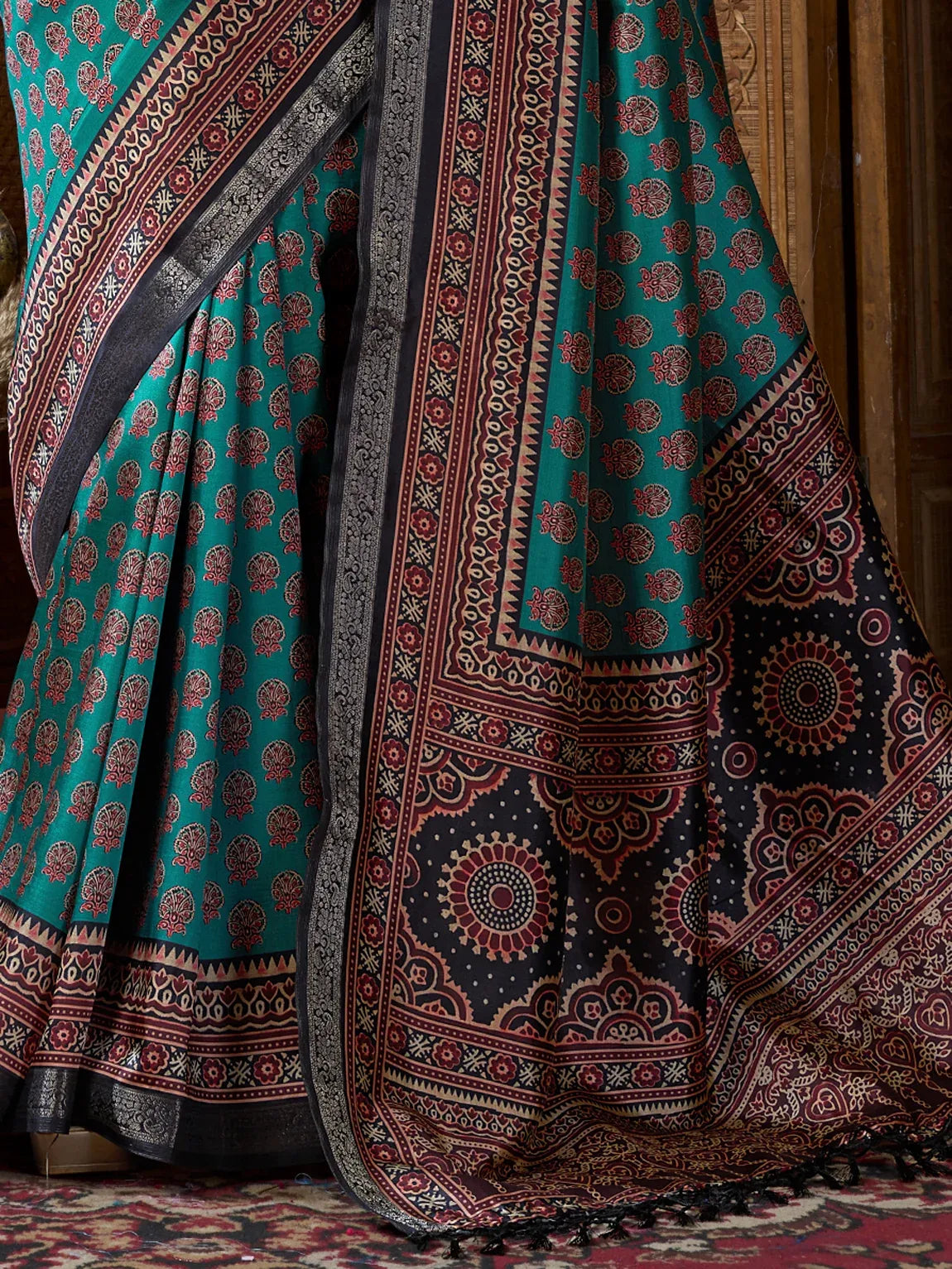 Marvelous Teal Green Digital Printed Silk Event Wear Saree With Blouse