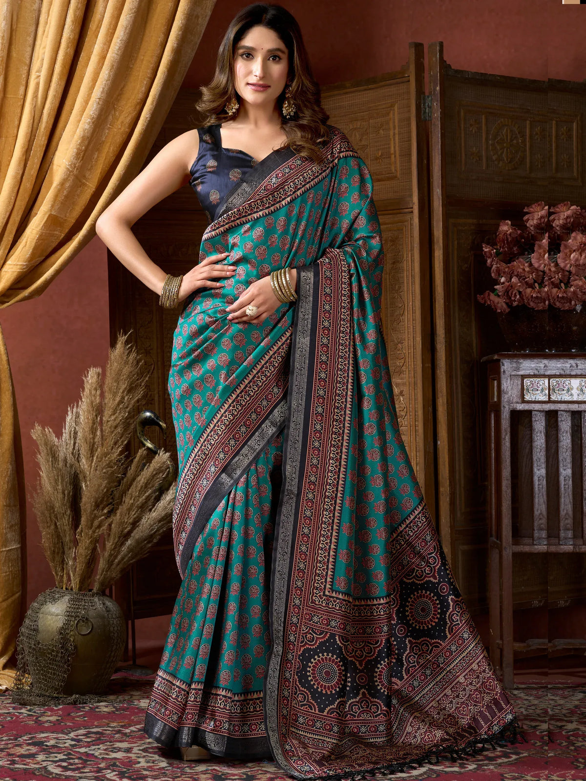 Marvelous Teal Green Digital Printed Silk Event Wear Saree With Blouse