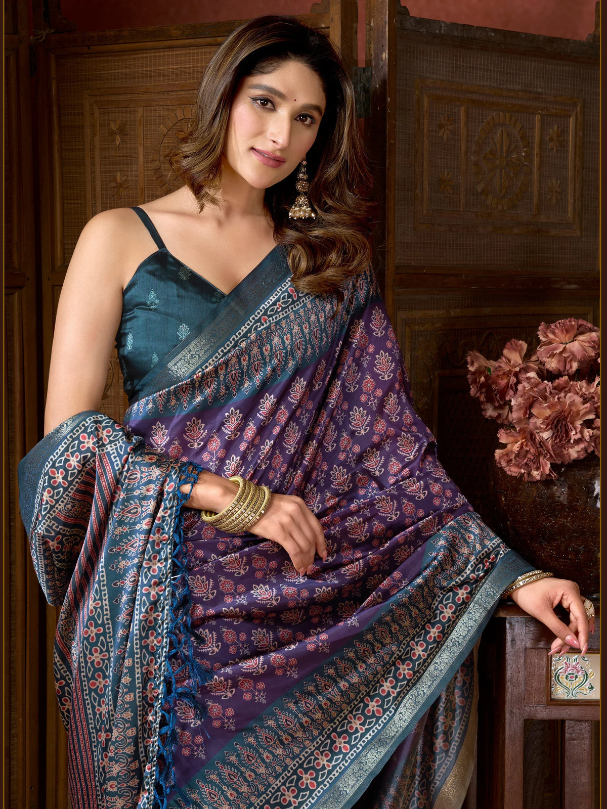 Impressive Purple Printed Silk Wedding Wear Saree With Blouse