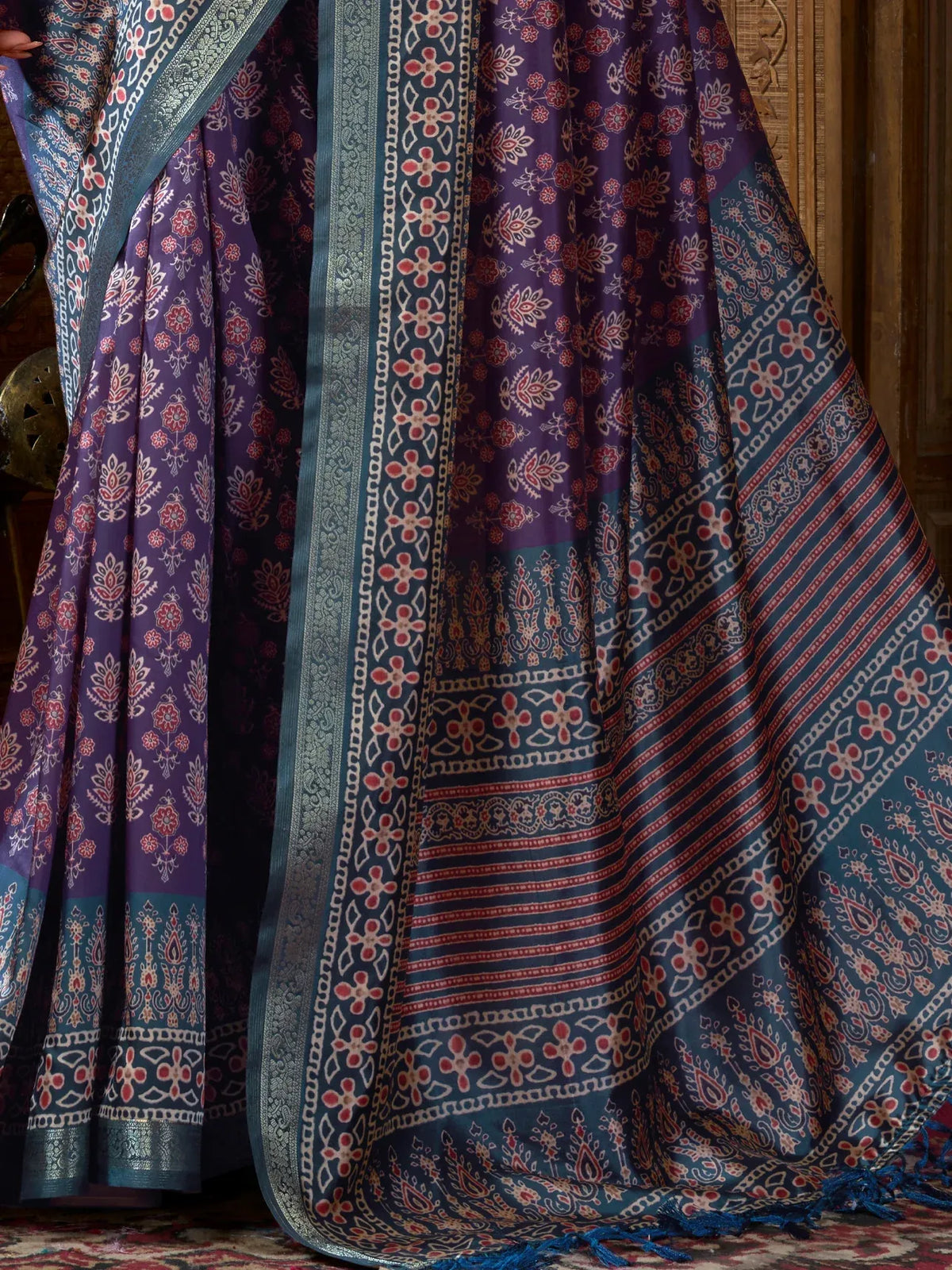 Impressive Purple Printed Silk Wedding Wear Saree With Blouse