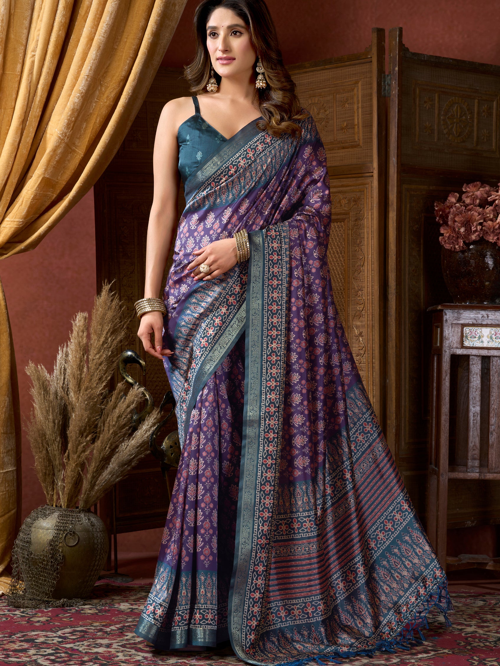 Impressive Purple Printed Silk Wedding Wear Saree With Blouse