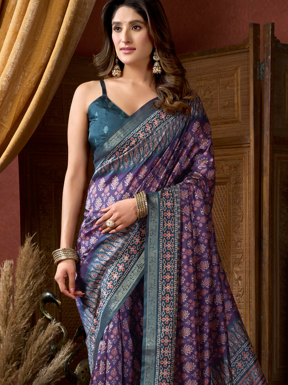 Impressive Purple Printed Silk Wedding Wear Saree With Blouse