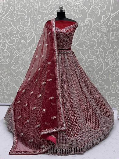 Attractive Red Net Zircon Work Bridal Wear Lehenga Choli With Dupatta