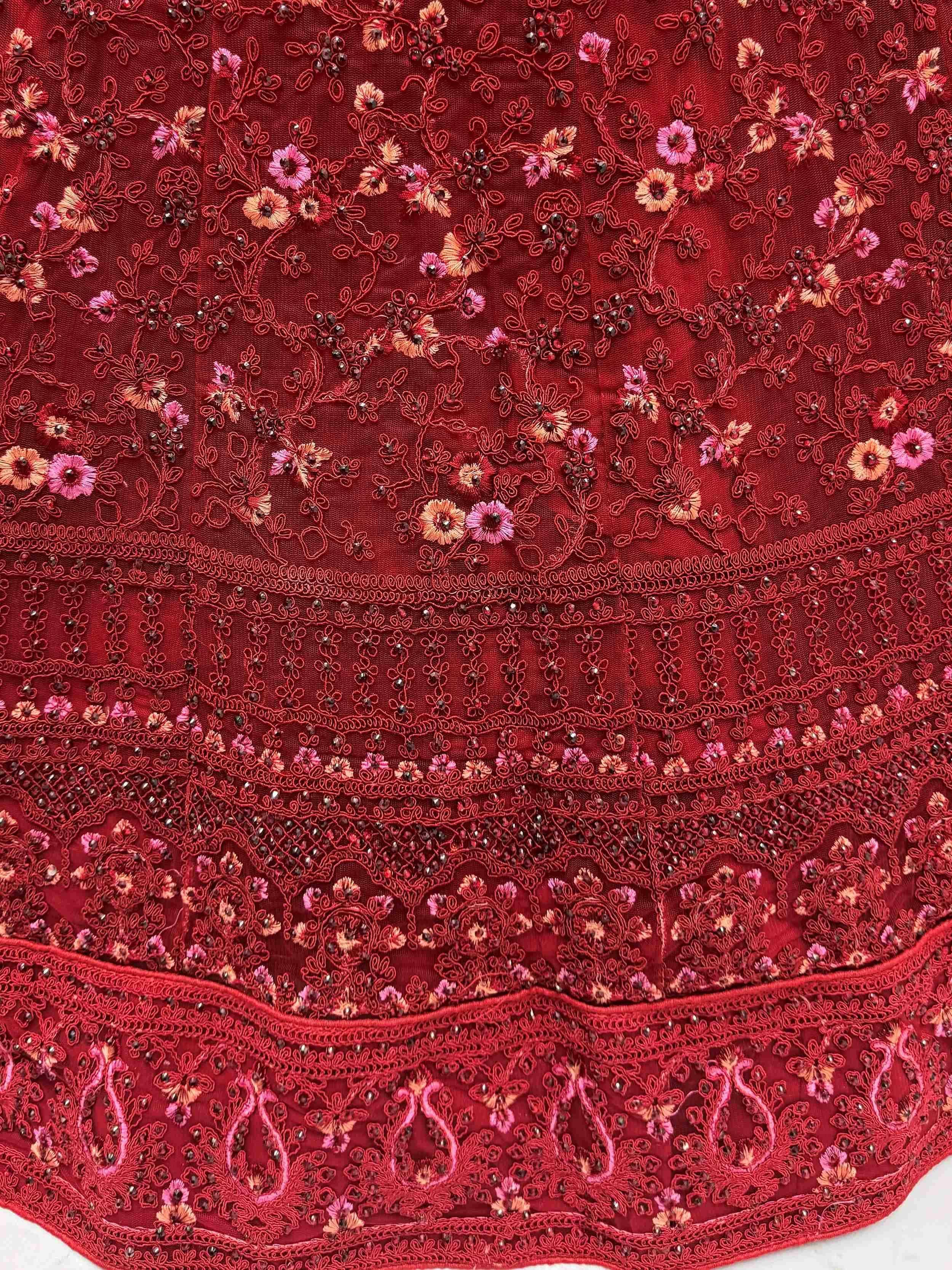 Red embroidered lehenga choli with floral zari and sequin detailing, perfect for Indian ethnic wear