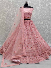 Elegant Pink Net Thread Embroidered Bridesmaids Lehenga Choli