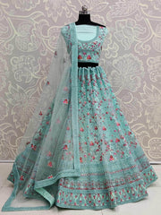 Adorning Sky Blue Net Zircon Work Wedding Wear Lehenga Choli