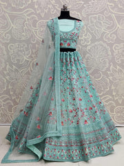 Adorning Sky Blue Net Zircon Work Wedding Wear Lehenga Choli