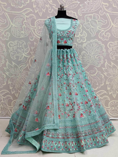 Adorning Sky Blue Net Zircon Work Wedding Wear Lehenga Choli