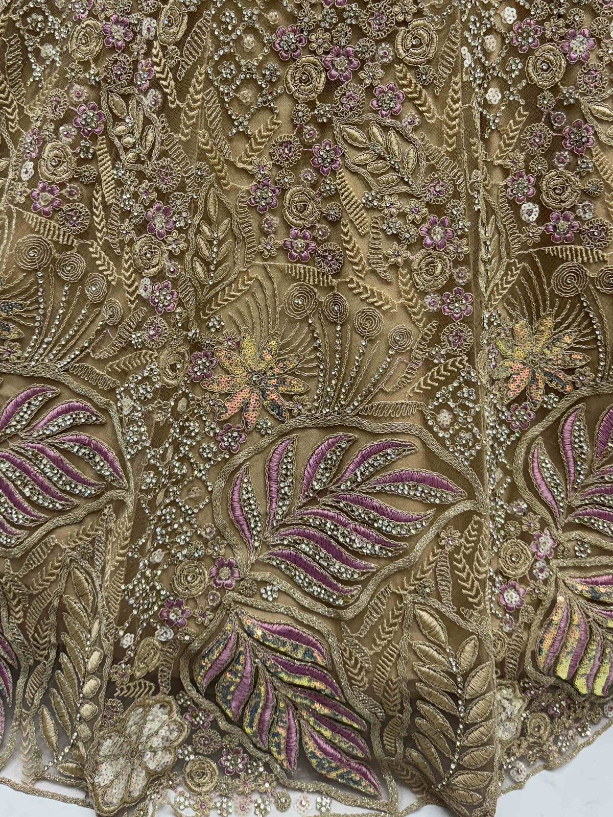 Gold and purple floral embroidered ethnic wear fabric with sequins and beads