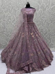 Stunning Lavender Net Zircon Work Bridal Lehenga Choli With Dupatta