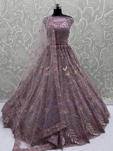 Stunning Lavender Net Zircon Work Bridal Lehenga Choli With Dupatta