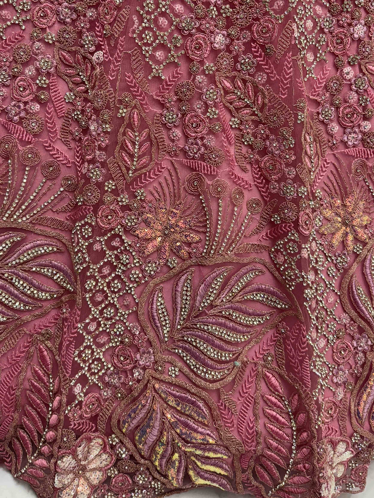 Intricate floral embroidery on maroon ethnic wear fabric with sequins and threadwork details