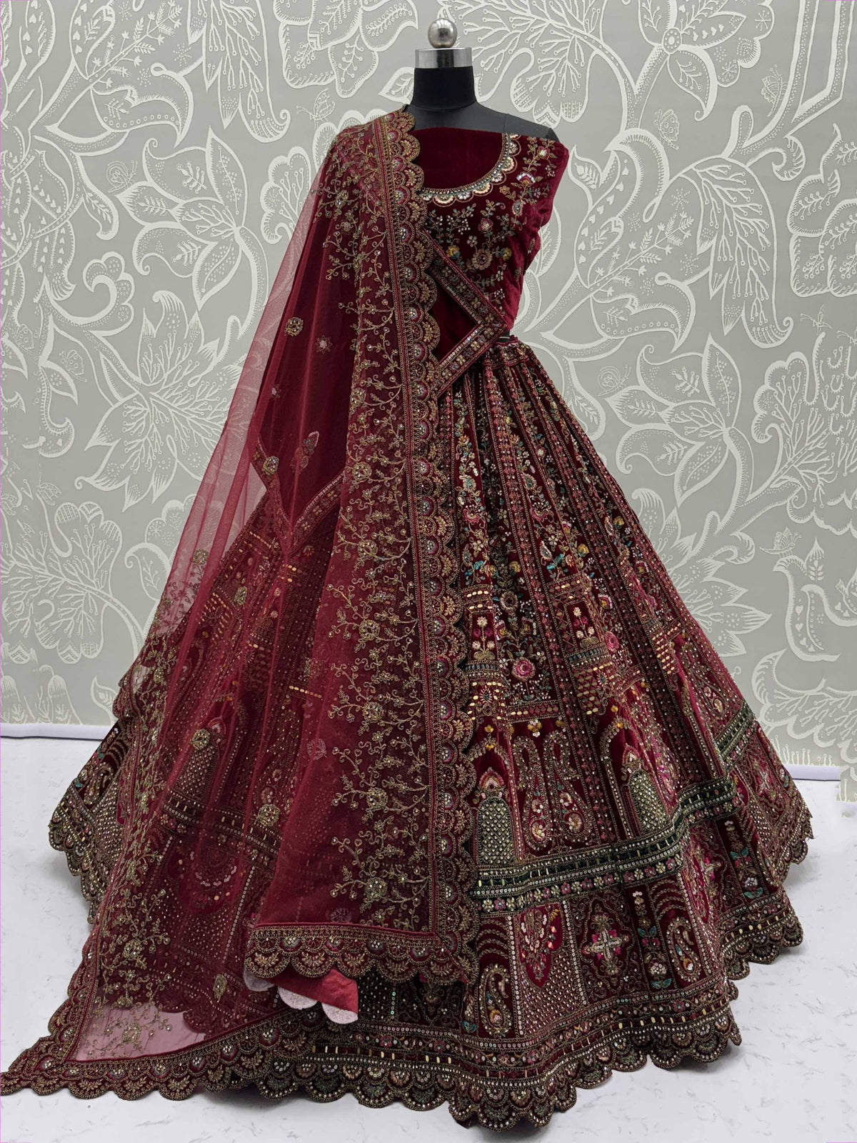 Maroon velvet designer lehenga choli with heavy embroidery and dupatta, Indian ethnic wear