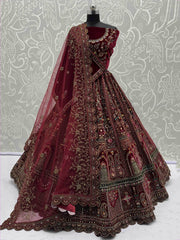 Alluring Maroon Velvet Sequins Embroidered Bridal Lehenga Choli