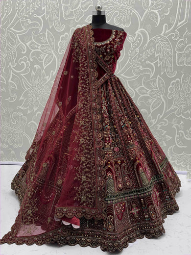 Alluring Maroon Velvet Sequins Embroidered Bridal Lehenga Choli