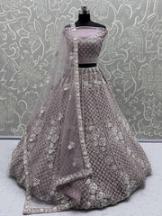Alluring Purple Net Sequins Work Bridesmaid Lehenga Choli With Dupatta