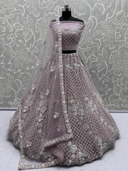 Alluring Purple Net Sequins Work Bridesmaid Lehenga Choli With Dupatta