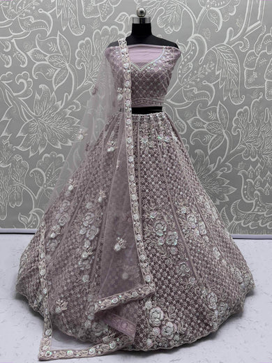 Alluring Purple Net Sequins Work Bridesmaid Lehenga Choli With Dupatta