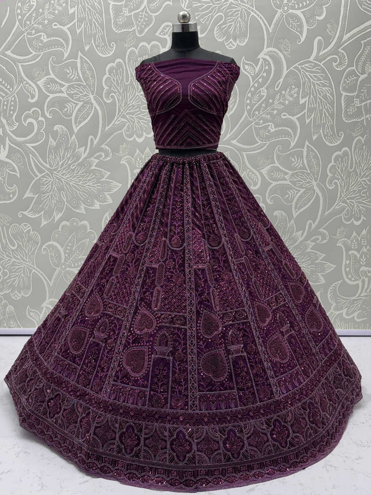 Purple embroidered lehenga choli with sequin work, designer ethnic wear for weddings and parties