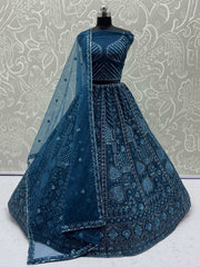 Adorning Blue Net Embroidered Designer Lehenga Choli With Dupatta