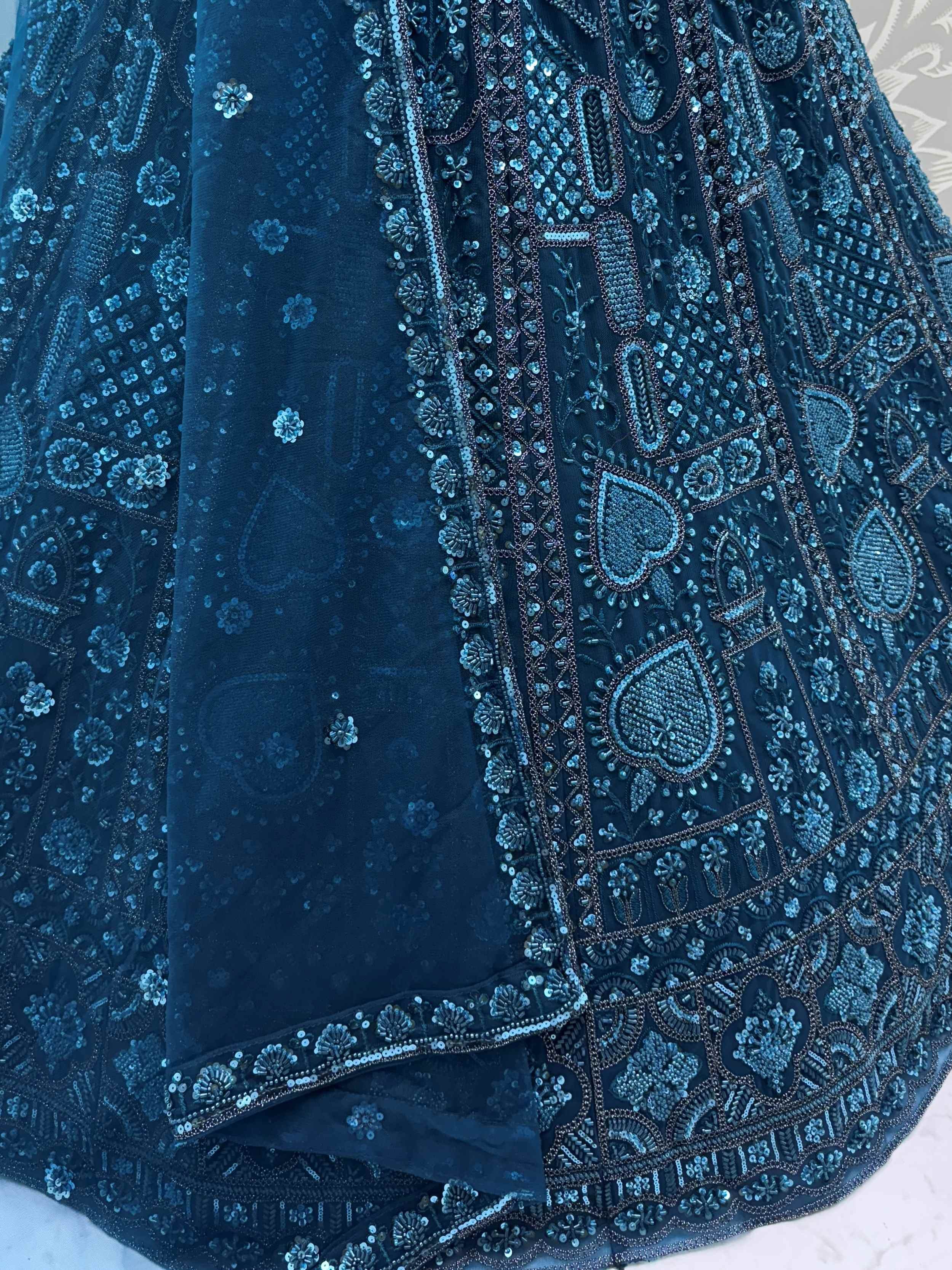 Adorning Blue Net Embroidered Designer Lehenga Choli With Dupatta