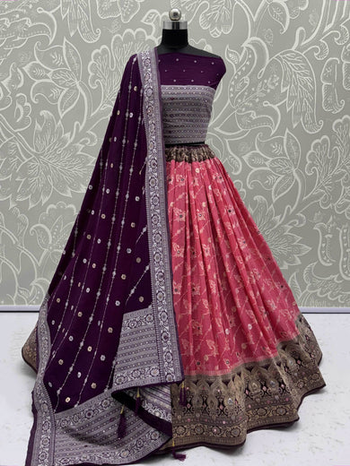 Lovely Pink Georgette Zari Weaving Lehenga Choli With Dupatta