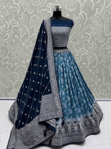 Attractive Sky Blue Mirror Work Lehenga Choli With Banarasi Dupatta