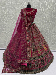 Dazzling Pink Velvet Zircon Work Bridal Lehenga With Double Dupatta