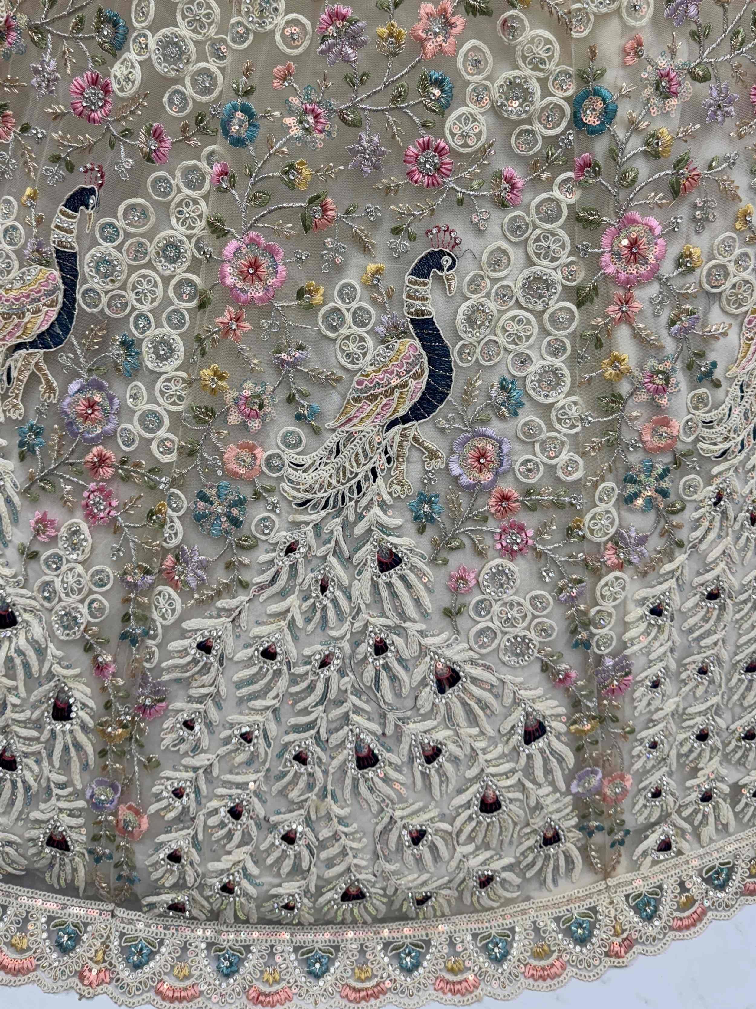 Peacock and floral embroidered ethnic fabric with sequins and beads for designer lehenga or saree