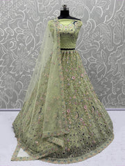 Exquisite Green Net Floral Embroidered Mehendi Wear Lehenga Choli