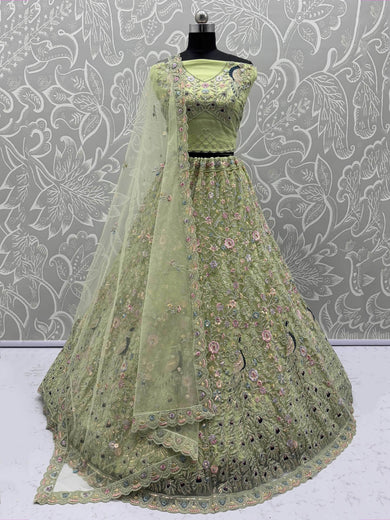 Exquisite Green Net Floral Embroidered Mehendi Wear Lehenga Choli