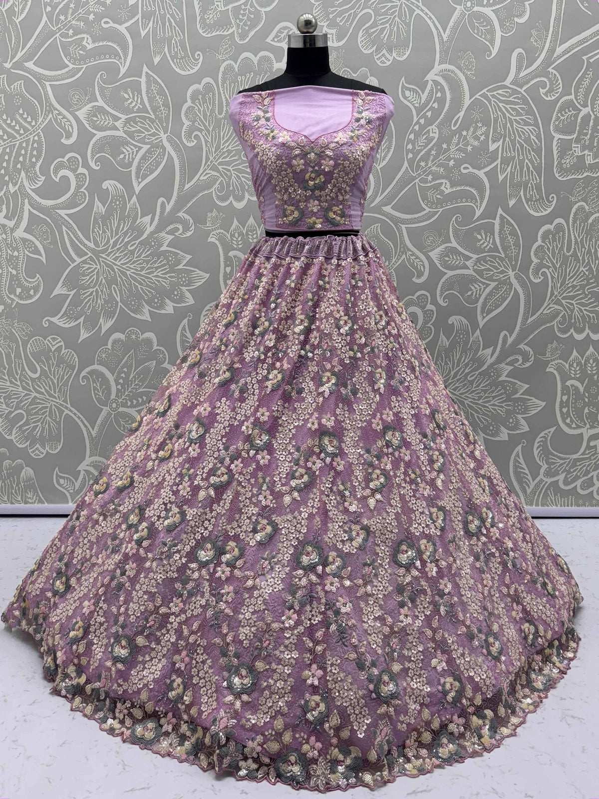 Purple floral embroidered lehenga choli with sequins, perfect for Indian ethnic wear and festive occasions.