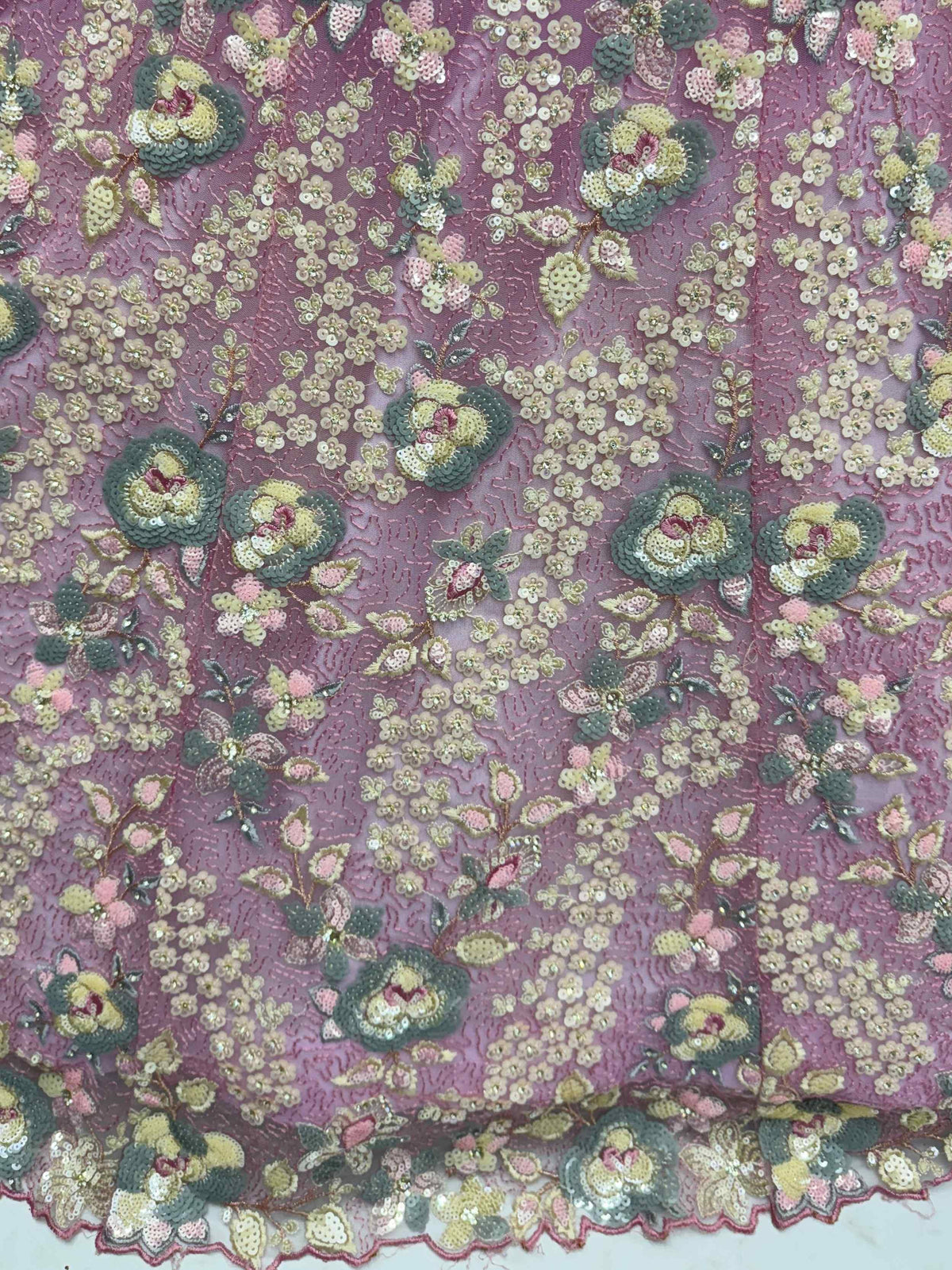Elegant floral embroidered fabric with sequins for designer lehenga choli or saree