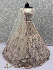 Bewitching Beige Net Embroidered Wedding Wear Lehenga Choli