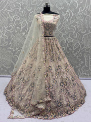 Bewitching Beige Net Embroidered Wedding Wear Lehenga Choli