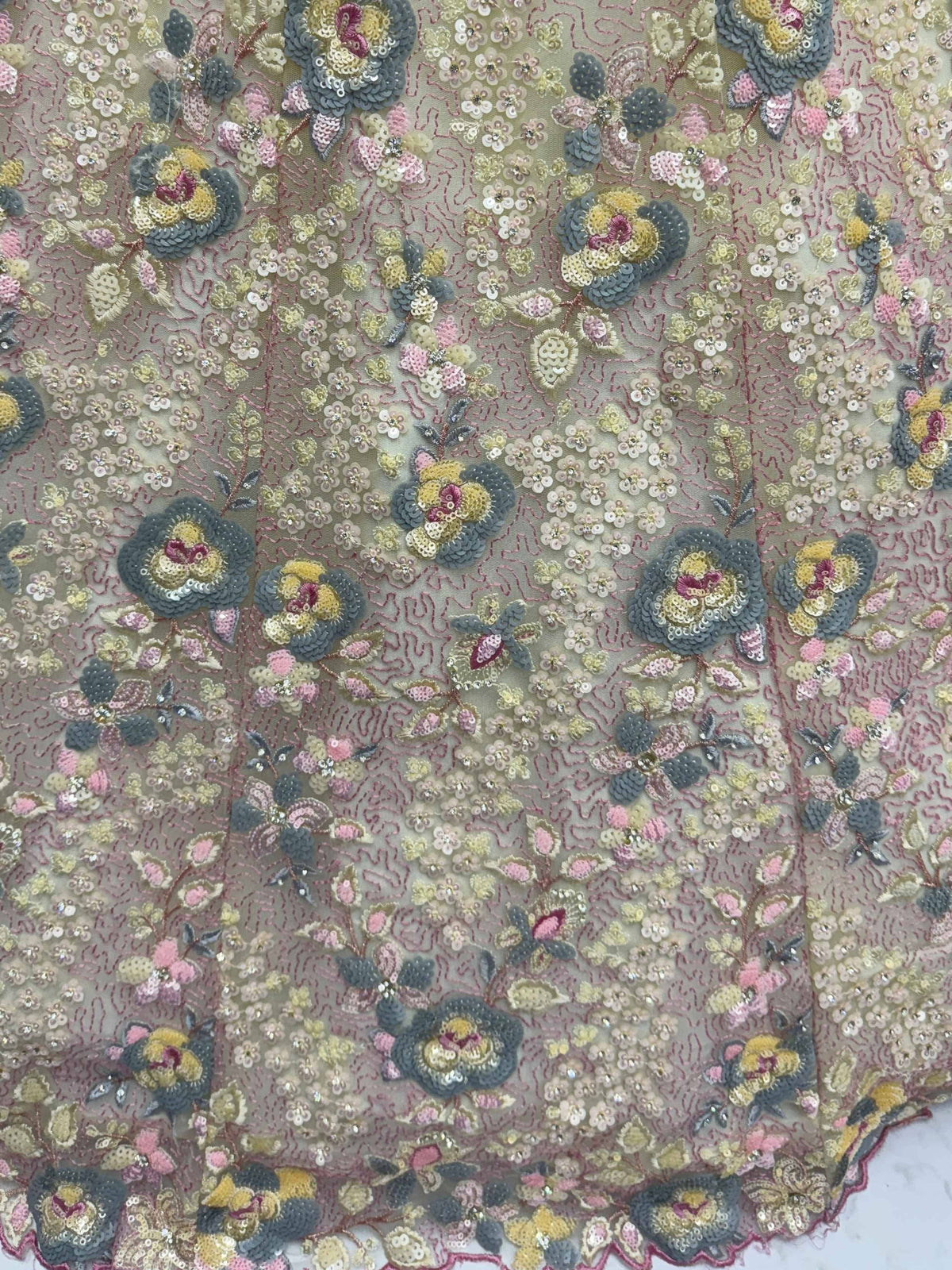Elegant floral embroidered fabric with sequins for designer lehenga choli or saree