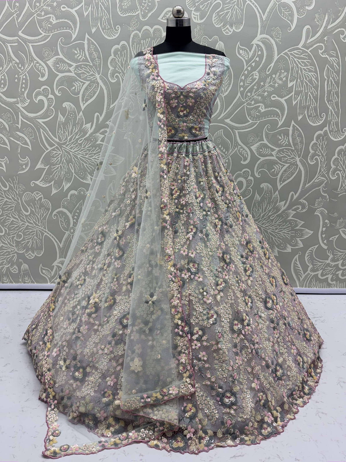 Grey floral embroidered lehenga choli with sheer dupatta, Indian ethnic wear