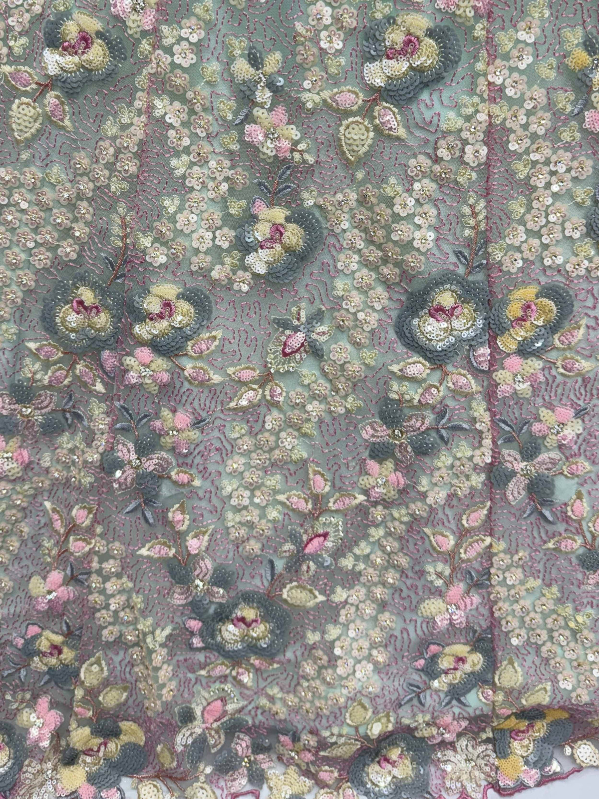 Floral sequin embroidery on sheer fabric for ethnic wear, featuring pink, gold, and grey tones.