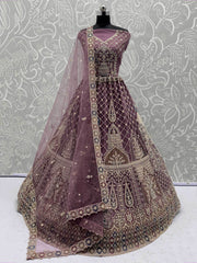 Graceful Mauve Net Zircon Work Bridesmaid Lehenga Choli With Dupatta