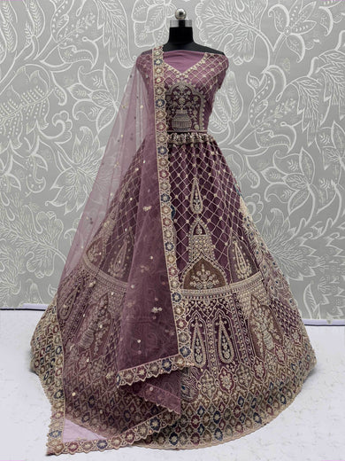 Graceful Mauve Net Zircon Work Bridesmaid Lehenga Choli With Dupatta